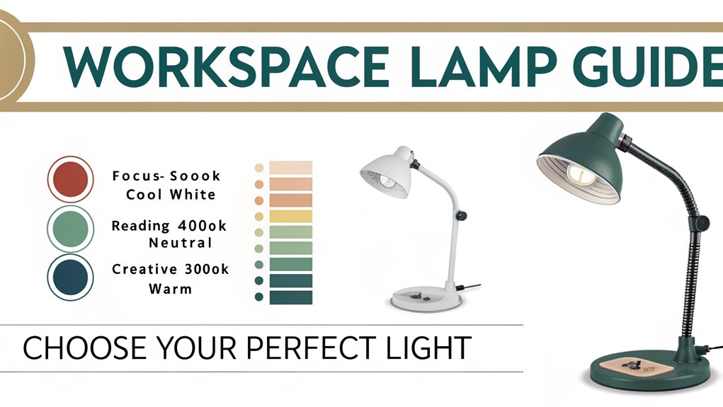 An infographic showing 5 workspace desk lamp types for your home office (task, architect, gooseneck, clip-on, portable LED) with simple illustrations highlighting key features of each - adjustability, light spread, space requirements, and best uses. Include a small color palette showing ideal light temperatures for different work activities.