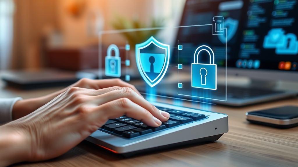 A close-up shot of a person's hands typing on a sleek mini PC keyboard, with a holographic overlay of digital shields and padlocks symbolizing cybersecurity. He going through an introduction to building a cybersecurity lab. The background is softly blurred, showcasing a home office environment with subtle tech gadgets.