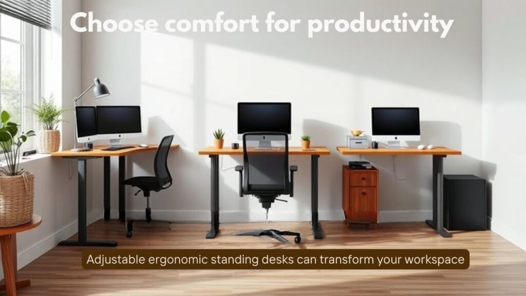 Bright, modern home office with large windows casting natural light, featuring three sleek adjustable ergonomic standing desks, minimalist black chairs, clean wood surfaces, dual and single monitor setups, small green plants for a lively touch, neutral white walls, wood flooring, cozy productivity vibe, Scandinavian design influence, soft shadows, calm and inspiring workspace, clean and organized.