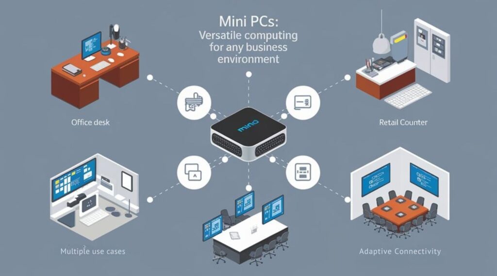 An infographic showing how mini PCs adapt to diverse business settings. Display a central mini PC connected to various environments: office desk, retail counter, industrial control panel, and conference room. Use icons to highlight compact size, versatility, and connectivity features.