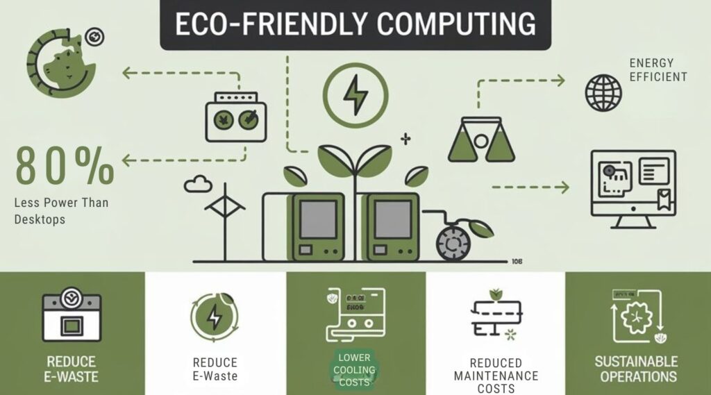An infographic showing eco-friendly computing benefits with mini PCs, featuring green technology icons, power consumption comparisons, and sustainability metrics. Include visual representations of energy savings, carbon footprint reduction, and workspace efficiency.