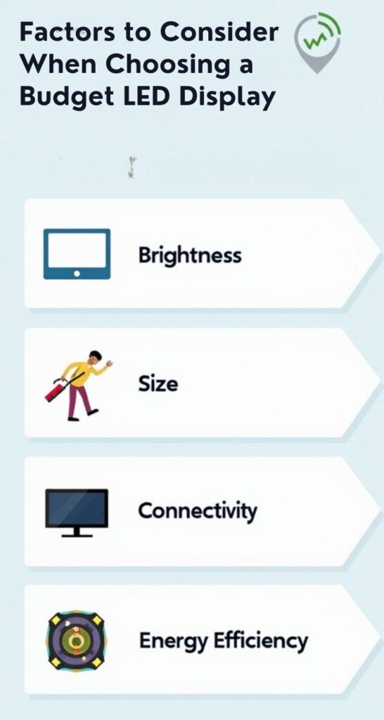 Factors to consider when choosing a budget Wifi LED Display including Brightness, Size, Connectivity and Energy Efficiency