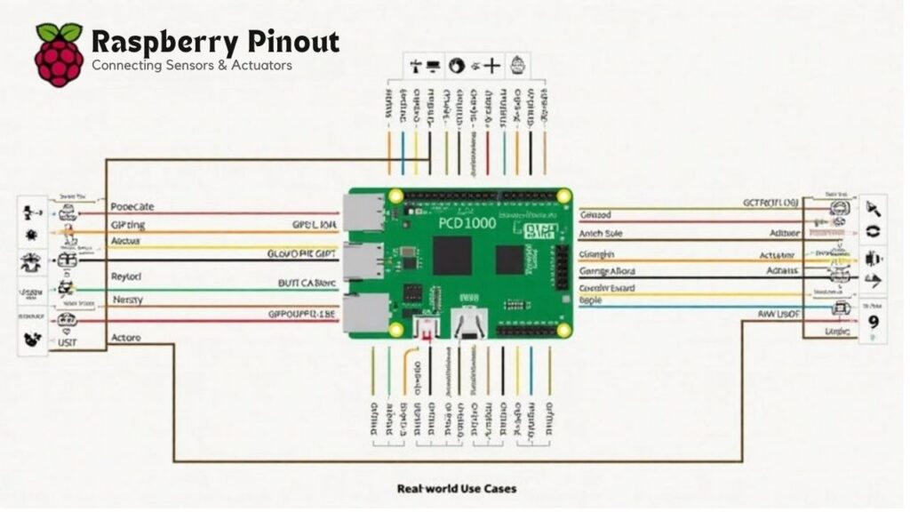 An infographic illustrating how to connect sensors and actuators to a Raspberry Pi for IoT devices, showing wiring, GPIO pins, and real-world use cases.