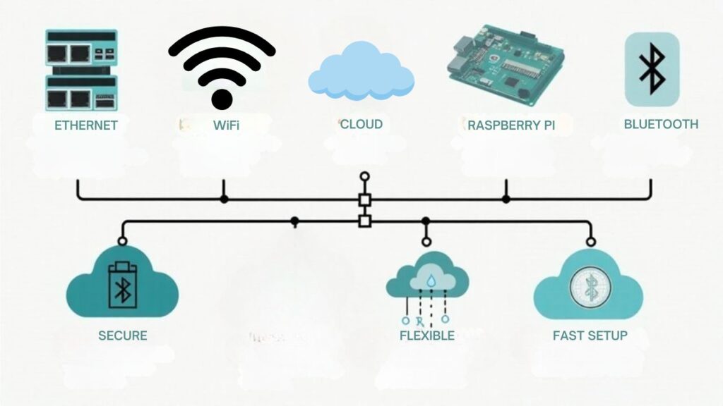 :An infographic about Network Configuration and Connectivity Options for Building IoT Devices Using Raspberry Pi, showcasing Ethernet, Wi-Fi, Bluetooth, and cloud integration methods. Use labeled icons, connection diagrams, and short descriptions to visually compare advantages and scenarios. 