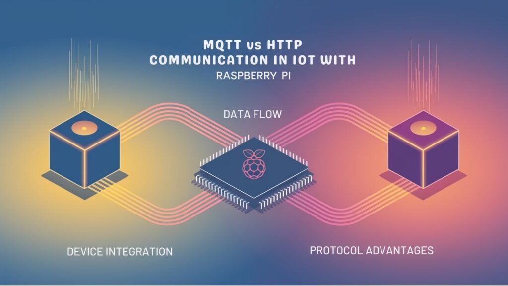 An infographic illustrating how to implement MQTT and HTTP protocols for IoT devices using Raspberry Pi. Show protocol flows, component connections, and practical device integration steps. 