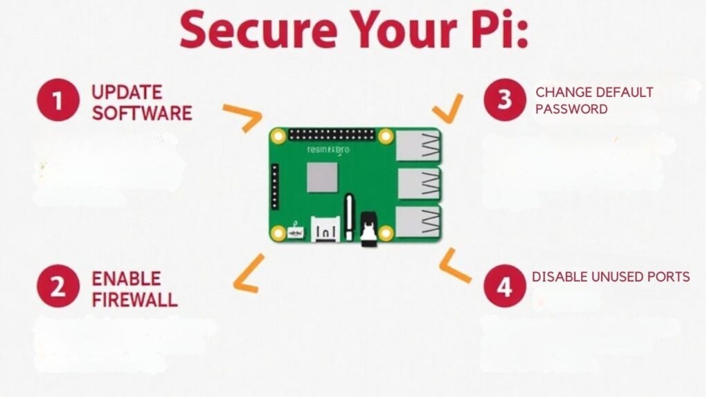 An infographic illustrating best practices for securing Raspberry Pi-based IoT devices, such as changing default passwords, enabling firewalls, and updating software.