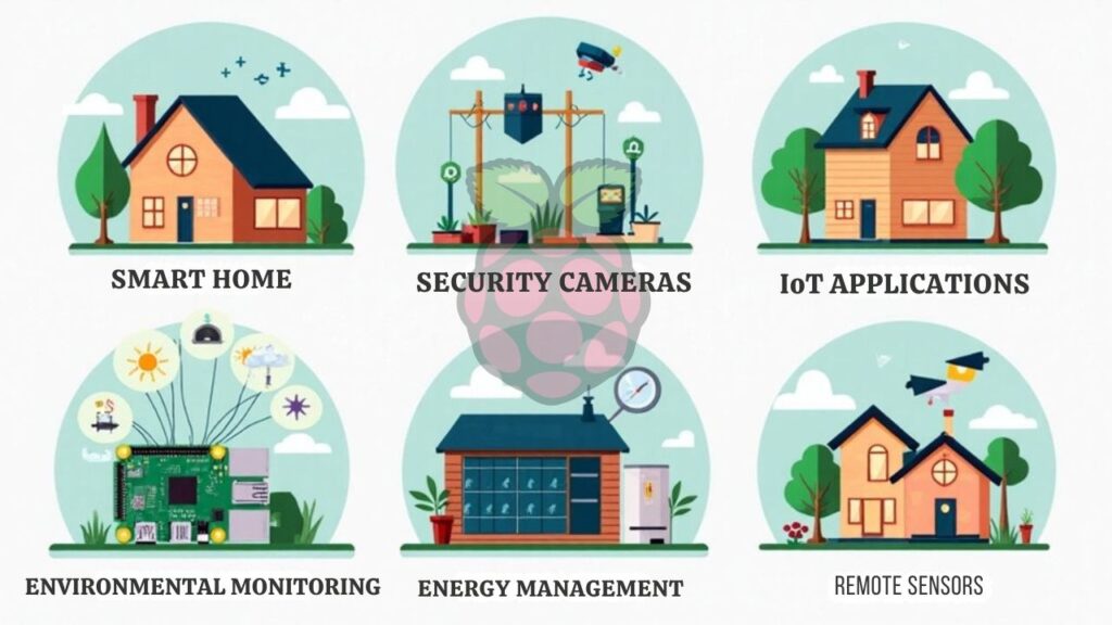 An infographic showcasing Popular IoT Applications With Raspberry Pi in the context of building IoT devices. Use vibrant icons and illustrations to depict smart home control, weather stations, home security, energy monitoring, and remote sensors. 