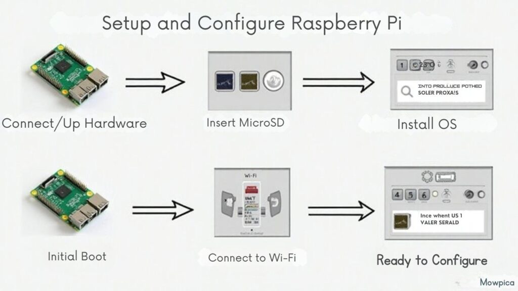 An infographic illustrating the step-by-step process of setting up a Raspberry Pi and installing its operating system for a smart garage door opener project. Show connecting hardware, flashing OS to microSD, initial boot, and Wi-Fi setup.