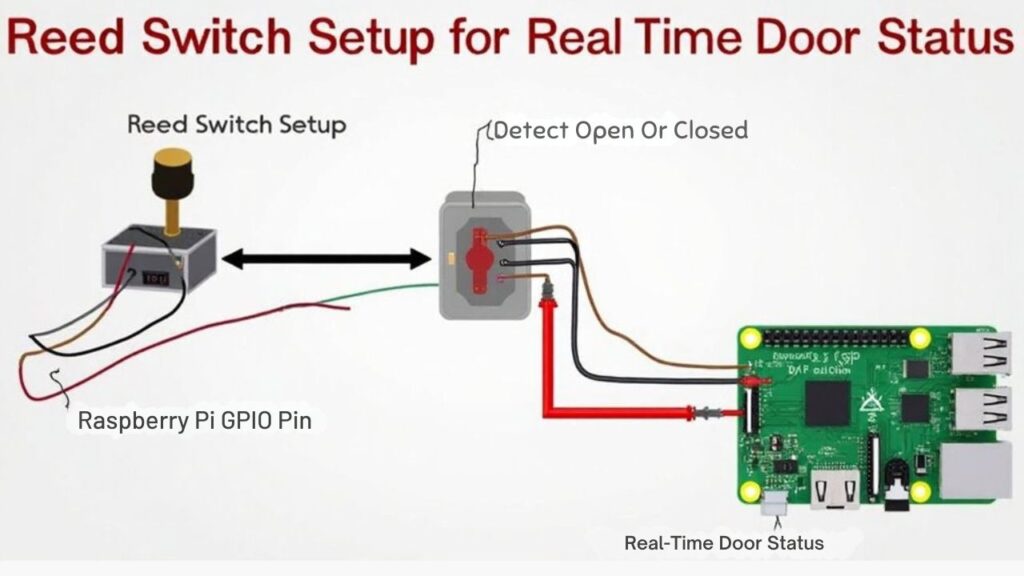 An infographic illustrating the Reed Switch Setup for Real-Time Door Status within a Smart Garage Door Opener using Raspberry Pi, showing wiring, sensor placement, and GPIO connection.