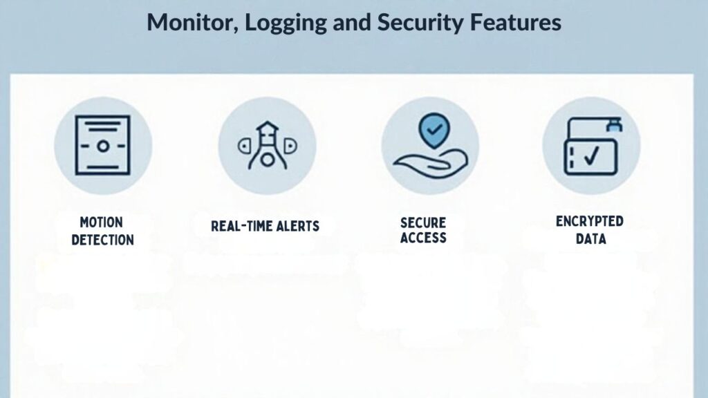 An infographic illustrating Monitoring, Logging, and Security Features for a Raspberry Pi Smart Garage Door Opener system. Include visual icons for motion detection, activity logs, real-time alerts, encryption, and secure remote access.