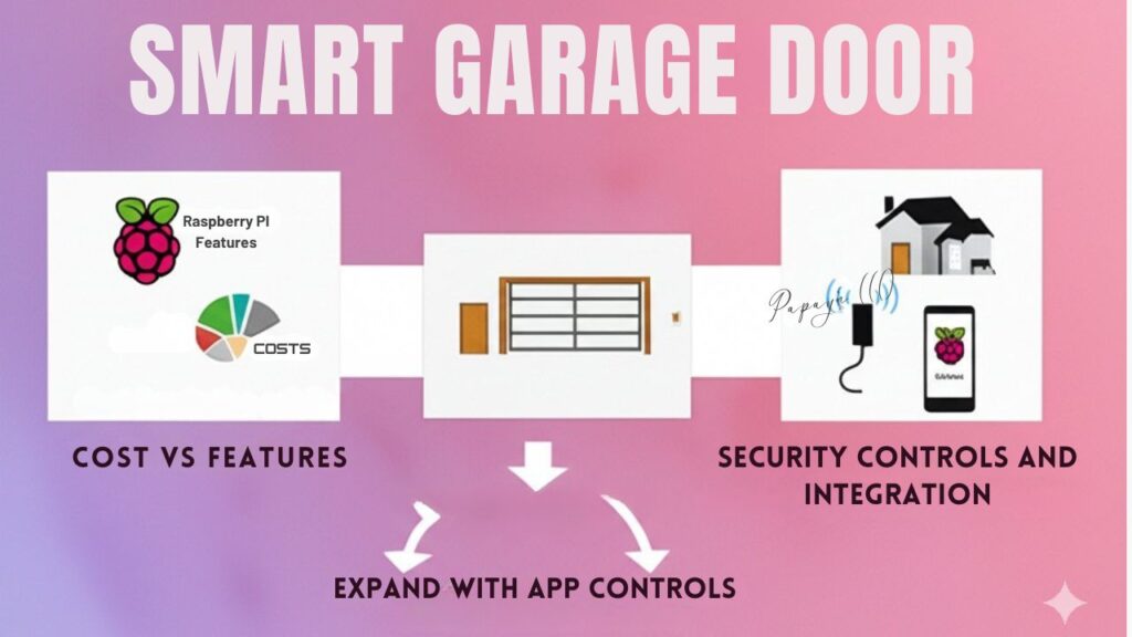 An infographic showcasing cost breakdown (Raspberry Pi, sensors, cables), potential savings over commercial models, and expansion ideas (mobile integration, smart home connectivity, extra security).