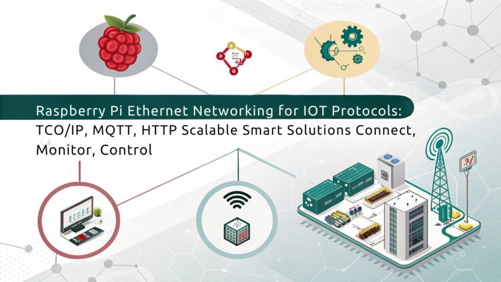 An infographic showcasing Raspberry Pi networking capabilities for Ethernet-based IoT solutions, including connectivity, protocols, scalability, and integration with Ethernet sensors/devices.