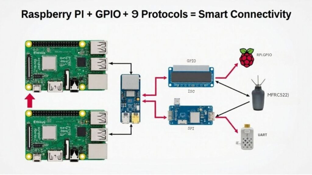:An infographic illustrating how Ethernet-enabled Raspberry Pi devices utilize GPIO pins and peripheral protocols (I2C, SPI, UART) to enhance connectivity and control in IoT deployments. 
