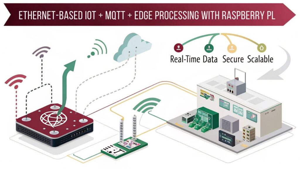 An infographic visually explaining the integration of MQTT and edge processing over Ethernet in IoT solutions using Raspberry Pi. Illustrate data flow, MQTT communication, real-time edge analytics, and Ethernet connectivity in IoT networks.