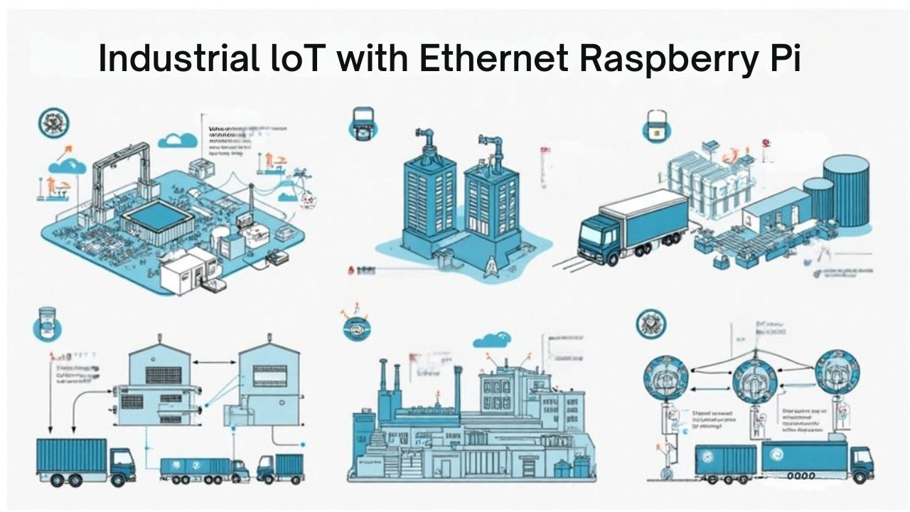 An infographic that visually explains key industrial use cases for Ethernet-enabled Raspberry Pi systems within Ethernet-based IoT solutions. Include simplified factory, logistics, and smart energy network illustrations with clear icons and wiring diagrams. The color theme is professional and technology-oriented, with clean labeling.