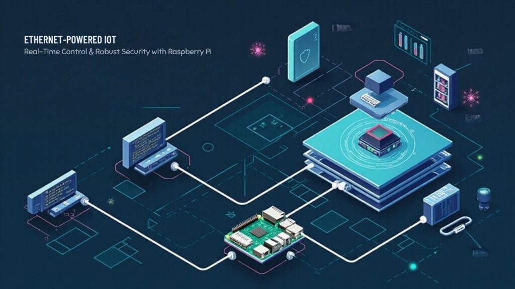 An infographic showcasing how wired Ethernet connections with Raspberry Pi enhance IoT solutions by maximizing security and real-time data transmission performance. Visually depict secure network layers, cables, and live device monitoring. Feature a Raspberry Pi connected via Ethernet, emphasizing low latency and protection from wireless threats. 