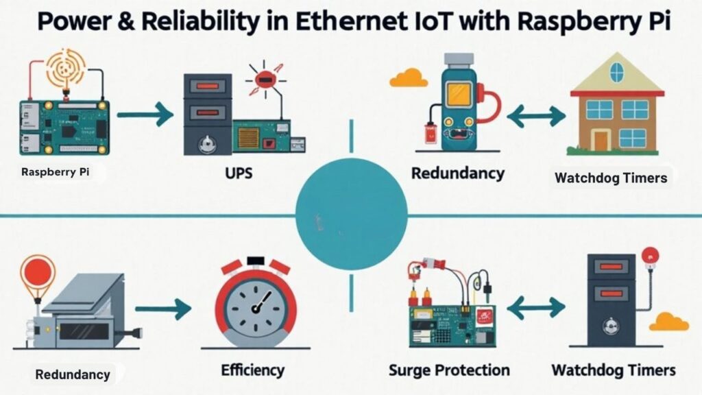 An infographic illustrating power management strategies (UPS, redundant power supplies, energy-efficient components) and reliability considerations (network redundancy, watchdog timers, surge protection) for Ethernet-based IoT solutions with Raspberry Pi. Use icons for each concept, a clear layout, and a cohesive color palette. 