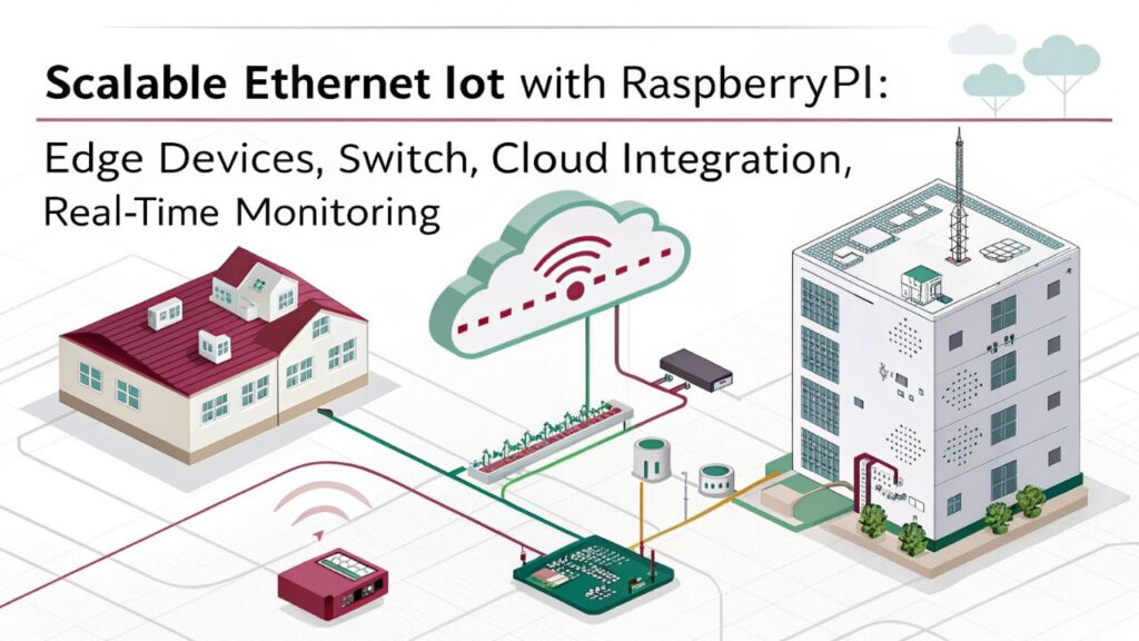 An infographic illustrating sample architectures for scalable Ethernet-based IoT solutions using Raspberry Pi devices, showing network topology, device connectivity, and data flow.