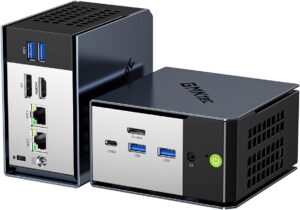 The GMKtec EVO-X1 mini PC featuring dual sides with various ports and a sleek black finish