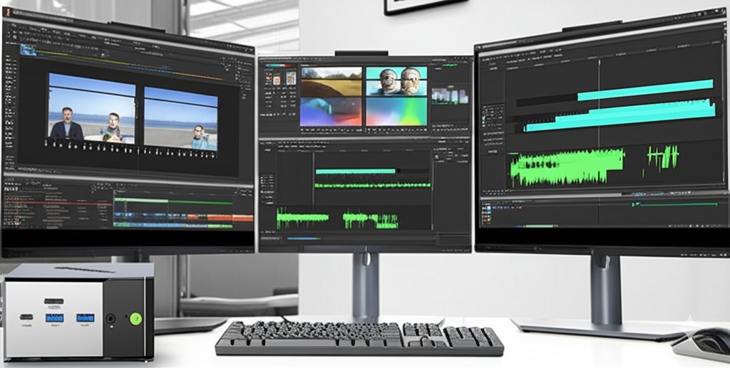 Content creation scene showing video editing software running on multiple displays connected to the GMKTec  EVO-X1 Mini PC