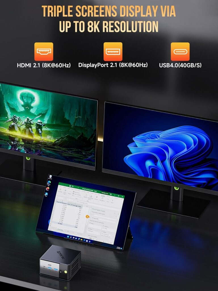 Multiple displays showing gaming visuals powered by the GMKTec EVO-X1 Mini PC with graphics performance information