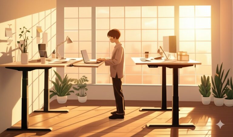 A bright, airy modern office space showcasing a person productively working at an adjustable standing desk, golden hour sunlight streaming through large windows. The workspace features minimalist design with plants, ergonomic accessories, and a sense of well-being. Wide-angle view capturing both sitting and standing desk positions. Professional attire, focused but relaxed posture. Soft depth of field, vibrant yet natural colors, 16:9 aspect ratio optimized for blog headers. Photorealistic style with subtle lifestyle photography aesthetic. Include negative space for text overlay.