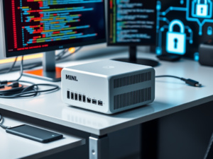 A compact, modern mini PC setup on a sleek desk, surrounded by cybersecurity tools like network cables, a monitor displaying code, and a secure lock symbol, emphasizing a high-tech cybersecurity lab environment