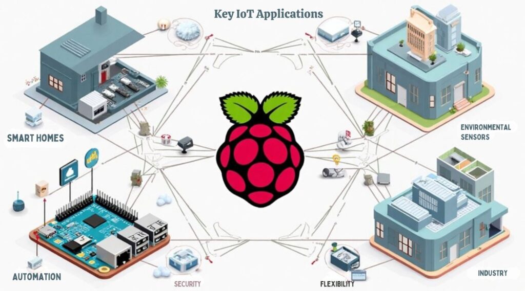 An infographic showcasing key IoT applications powered by Raspberry Pi, focusing on smart homes, environmental monitoring, industrial automation, and security systems within IoT ecosystems. Emphasize connectivity, flexibility, and integration.