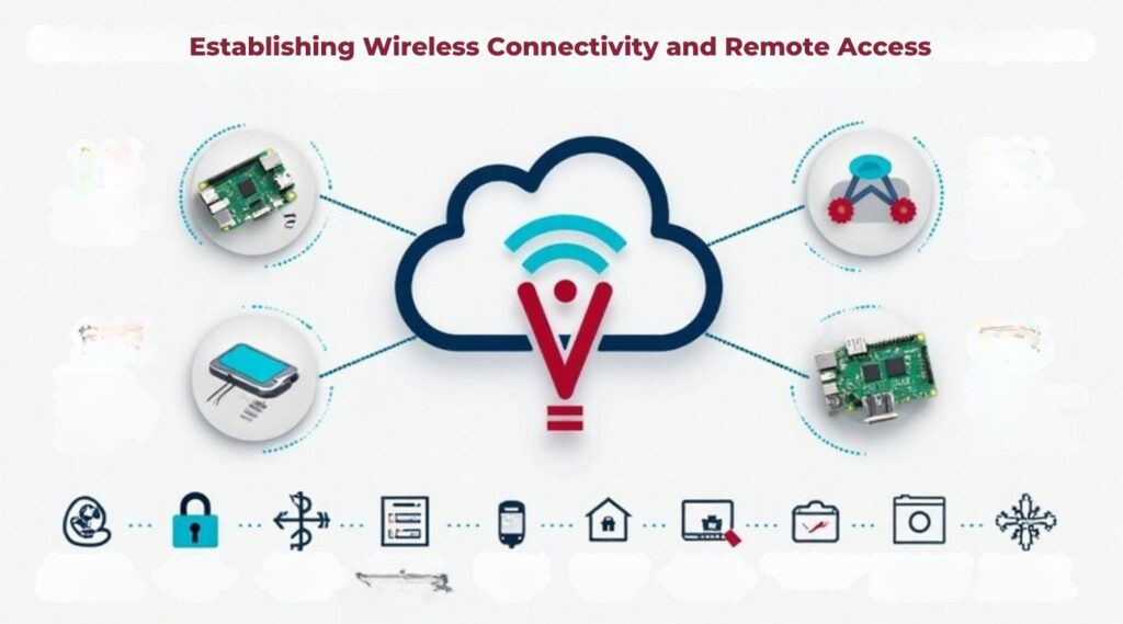 An infographic about Establishing Wireless Connectivity and Remote Access for integrating Raspberry Pi into IoT ecosystems. Feature a visually engaging, modern layout with icons of Wi-Fi signals, Raspberry Pi boards, cloud, security lock, and remote devices. Illustrate connection steps, security best practices, and benefits of seamless remote access.