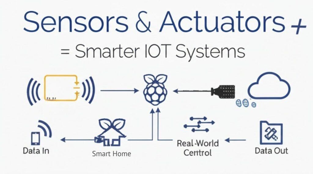An infographic illustrating how to integrate sensors and actuators with Raspberry Pi for seamless connectivity in IoT ecosystems. Use clear diagrams showing basic wiring, connectivity, data flow, and real-world applications such as smart homes, monitoring, and automation.