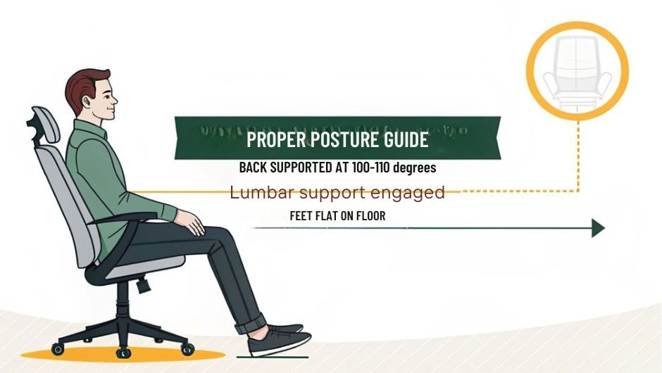 An infographic showing proper ergonomic seating position with labeled diagram of person sitting in an ergonomic chair. Include visual guides for 90-degree elbow angle, feet flat, lumbar support position, and 100-110 degree recline.  