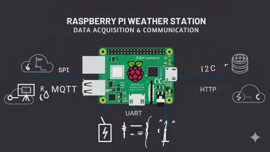 An infographic illustrating data acquisition methods (sensor integration, analog-to-digital conversion) and communication protocols (I2C, SPI, UART, MQTT, HTTP) used in Raspberry Pi IoT weather monitoring and forecasting.