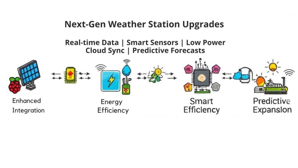 An infographic illustrating advancements and upgrades for next-generation weather stations using Raspberry Pi IoT for monitoring and forecasting. Show enhanced sensor integration, real-time cloud connectivity, energy efficiency, predictive analytics, and modular expansion. Use modern, clean visuals with concise icons.