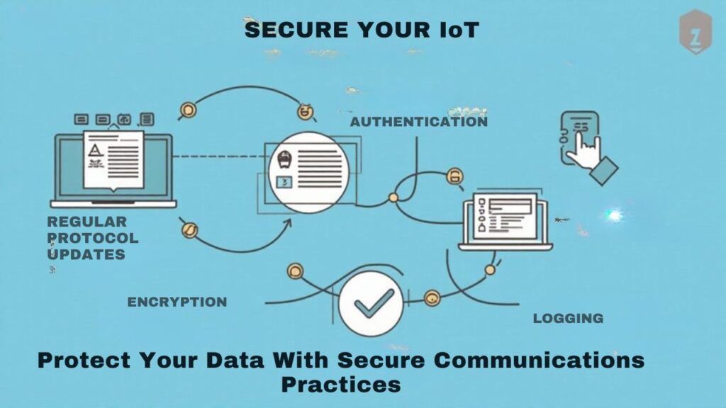 An infographic illustrating key steps for ensuring secure communication protocols for Raspberry Pi in IoT, highlighting encryption, authentication, and regular updates.