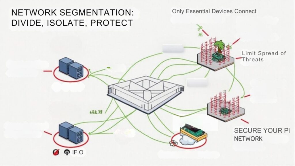 An infographic illustrating how network segmentation and traffic isolation enhance Raspberry Pi security in IoT deployments, showing separate VLANs, restricted communication paths, and firewalled zones.