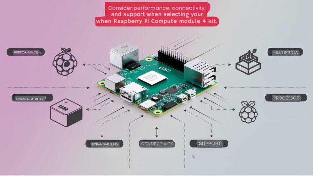 Factors to consider when choosing a Raspberry Pi Computer Module 4 Kit include performance, compatibility, expandability, connectivity, support, processor, and multimedia.