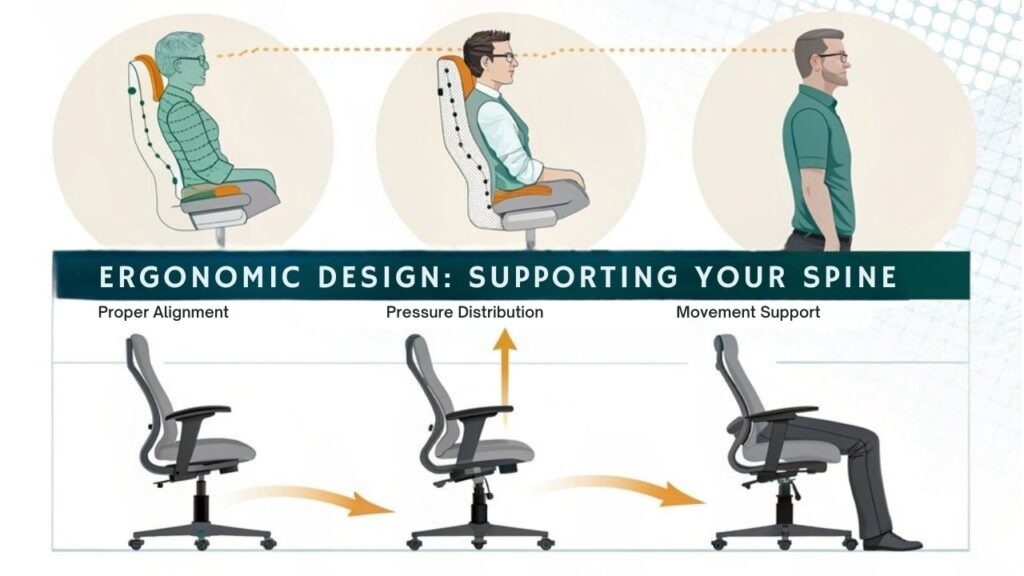 An infographic showing the long-term benefits of ergonomic chairs on spine health. Include visual representation of proper posture, reduced back pain, improved circulation, and prevention of chronic conditions. Show before/after spine alignment and statistics on workplace injury reduction.