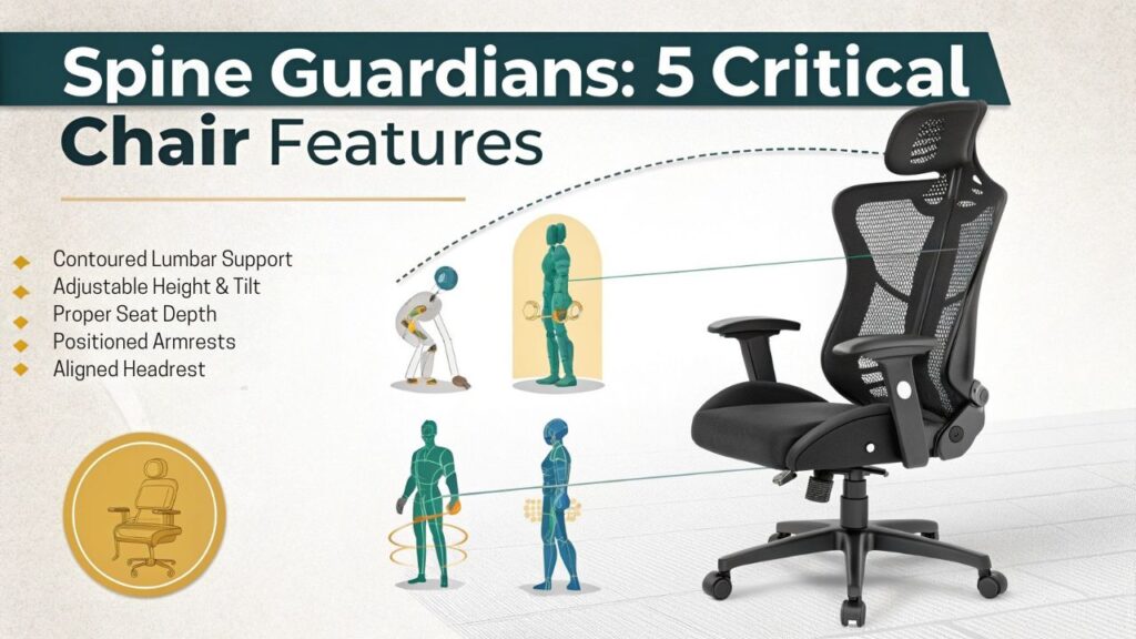 An infographic showing 5 essential ergonomic chair features for spine protection: lumbar support, adjustable height, proper seat depth, armrests, and headrest. Use anatomical illustrations showing correct vs. incorrect posture, with color-coding highlighting pressure points and spine alignment.