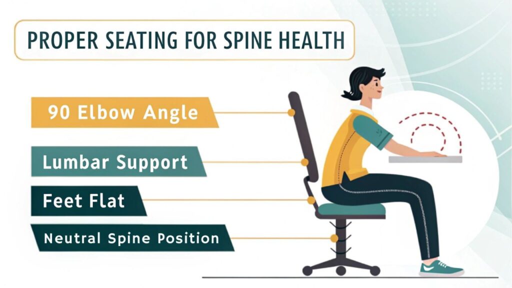 An infographic showing proper seating posture to prevent back pain, featuring a person sitting correctly in an ergonomic chair with labeled components: lumbar support, seat height, armrests, and backrest angle. Include visuals comparing healthy vs. compressed spine positions. 