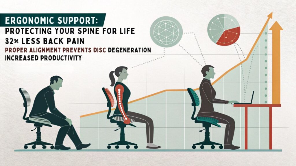 An infographic showing the long-term benefits of ergonomic chairs on spine health. Include visual representation of proper posture, reduced back pain, improved circulation, and prevention of chronic conditions. Show before/after spine alignment and statistics on workplace injury reduction.