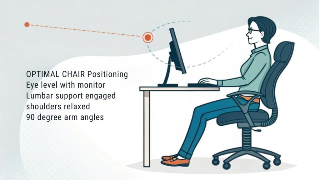 An infographic illustrating proper ergonomic chair positioning to reduce neck pain. Include height adjustment (eyes level with top third of monitor), lumbar support placement, armrests at 90° angles, and feet flat on floor. Use anatomical visuals showing proper spine alignment versus improper posture.