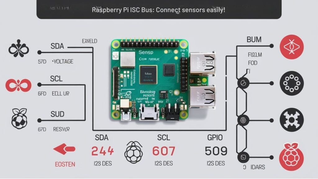 :An infographic illustrating the I2C pinout on Raspberry Pi, showing SDA, SCL, GPIO locations, voltage levels, and pull-up resistors, with icons for sensors and communication flow.
