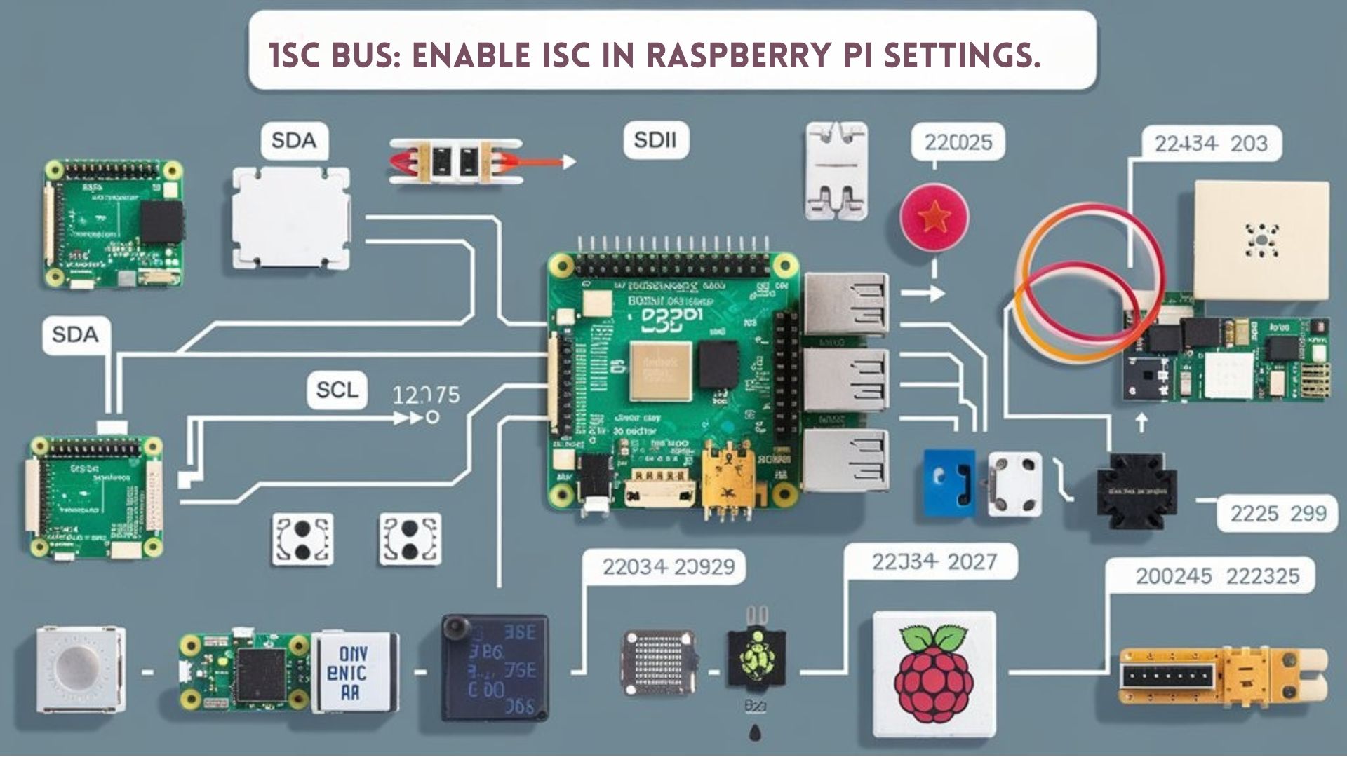 An infographic illustrating how to connect multiple sensors and modules to the I2C bus on a Raspberry Pi, showing SDA, SCL lines, and device addressing.