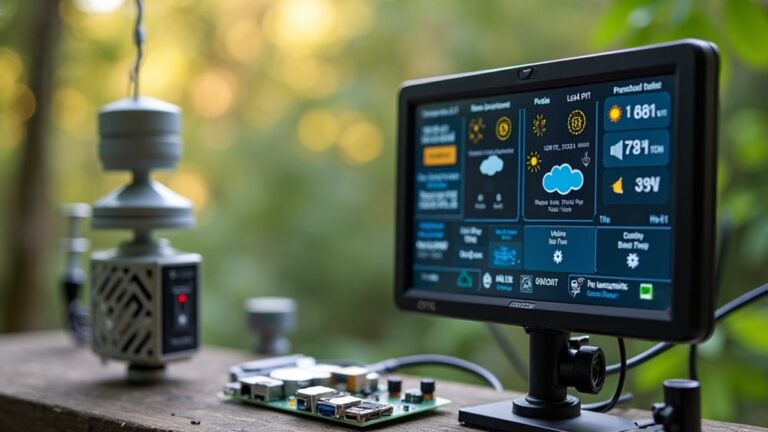 A realistic image of a Raspberry Pi set up outdoors, connected to various weather sensors, displaying live weather data on a screen.