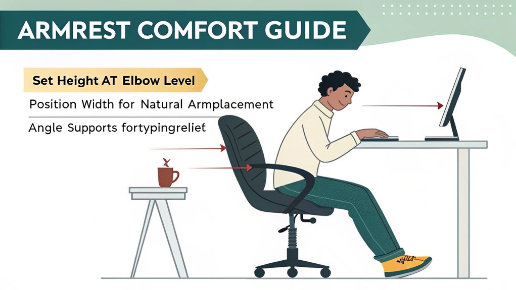 An infographic showing how to customize armrest settings for ergonomic comfort, featuring a side view of a person sitting correctly at a desk with properly adjusted armrests. Include 3 adjustment tips with simple illustrations: height, width, and angle adjustments for optimal arm support. 
