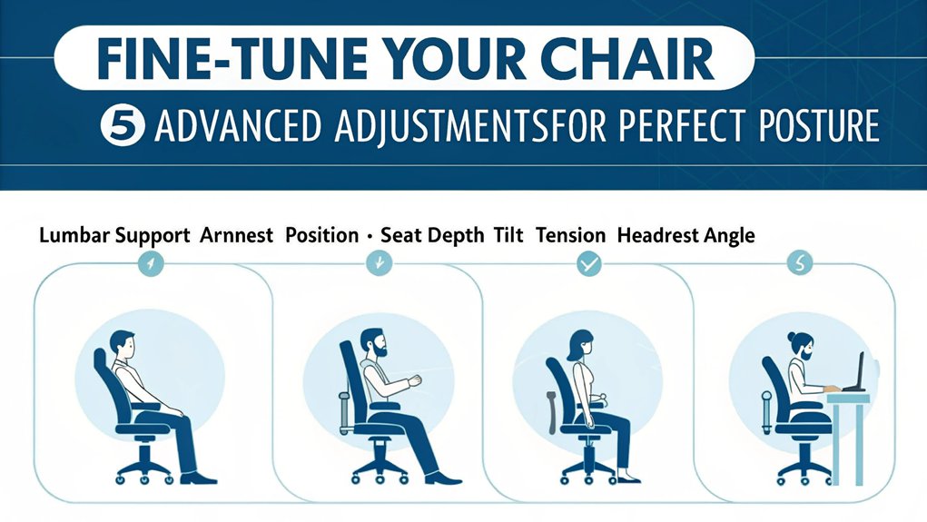 An infographic showing 5 key chair adjustment settings with hands demonstrating proper positioning. Use clean, modern design with blue and white color scheme. Include simplified diagrams of lumbar support, armrest height, seat depth, tilt tension, and headrest angle adjustments. 