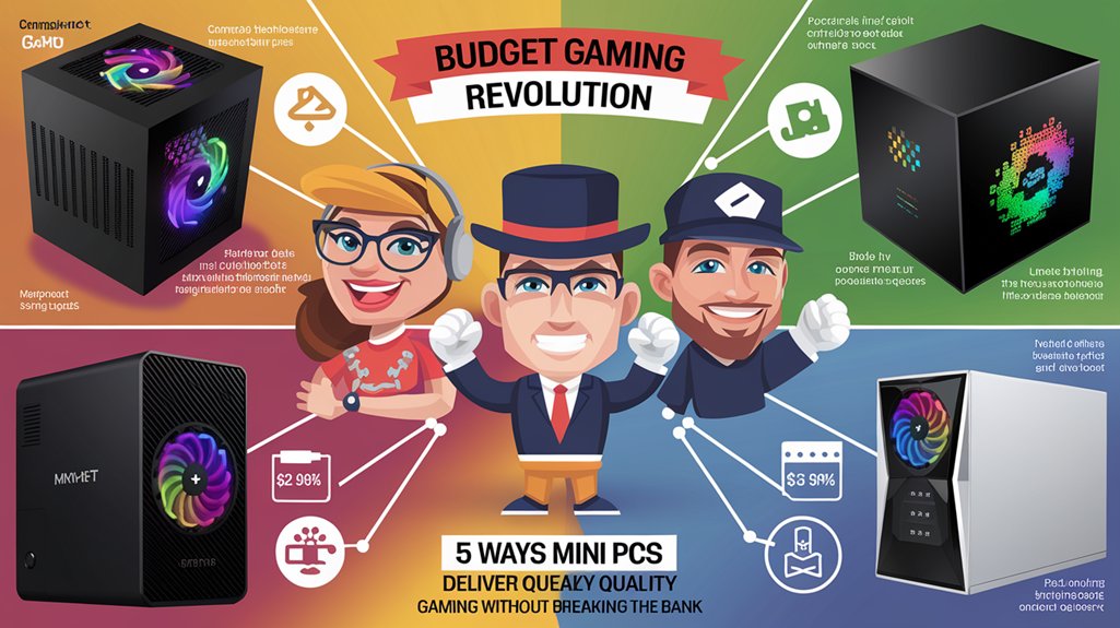 An infographic showing five budget-friendly gaming mini PCs against a vibrant gaming background. Include visuals of compact hardware, performance graphs, and money-saving icons. Feature gaming characters celebrating affordable quality gaming solutions.