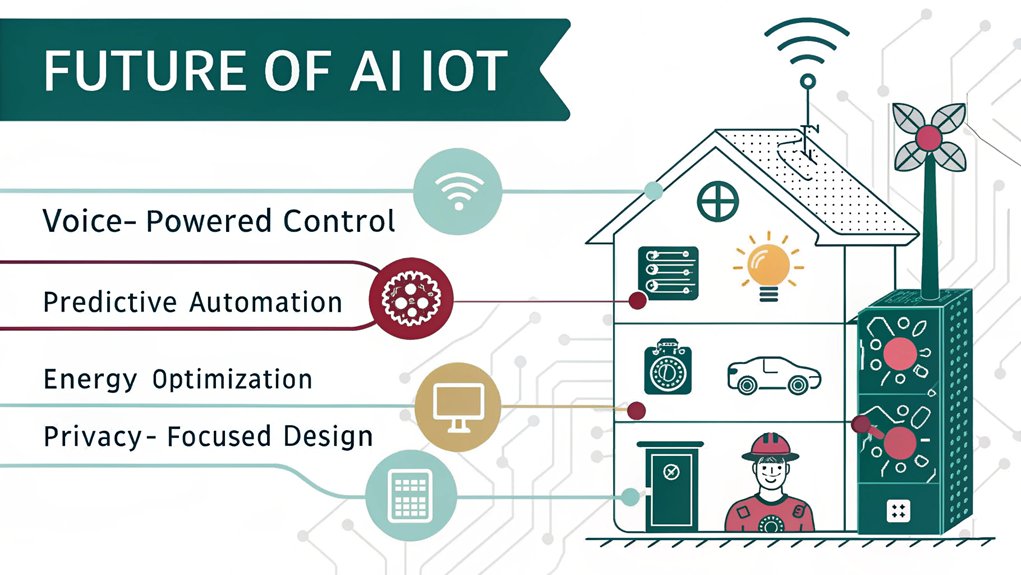 An infographic illustrating the convergence of AI and IoT in smart home assistants using Raspberry Pi. Show key components: voice recognition, sensor network, machine learning algorithms, and practical applications like energy management and security systems.