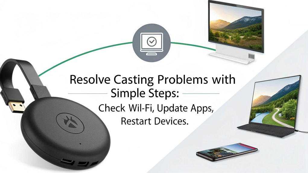 An infographic showcasing troubleshooting common casting issues when using Chromecast with a Mini PC. Highlight connectivity, screen mirroring, and app compatibility.
