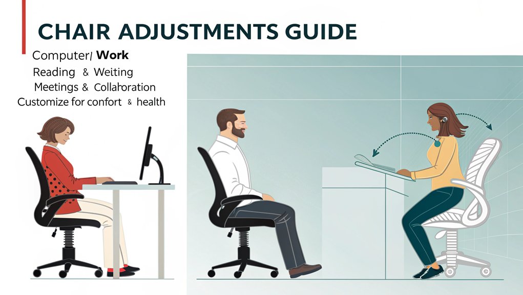 An infographic showing how to adjust an ergonomic chair for different tasks. Include diagrams for computer work, reading, and meetings with labeled seat height, backrest tilt, armrest position, and lumbar support recommendations. Use anatomical illustrations demonstrating proper posture for each task.
